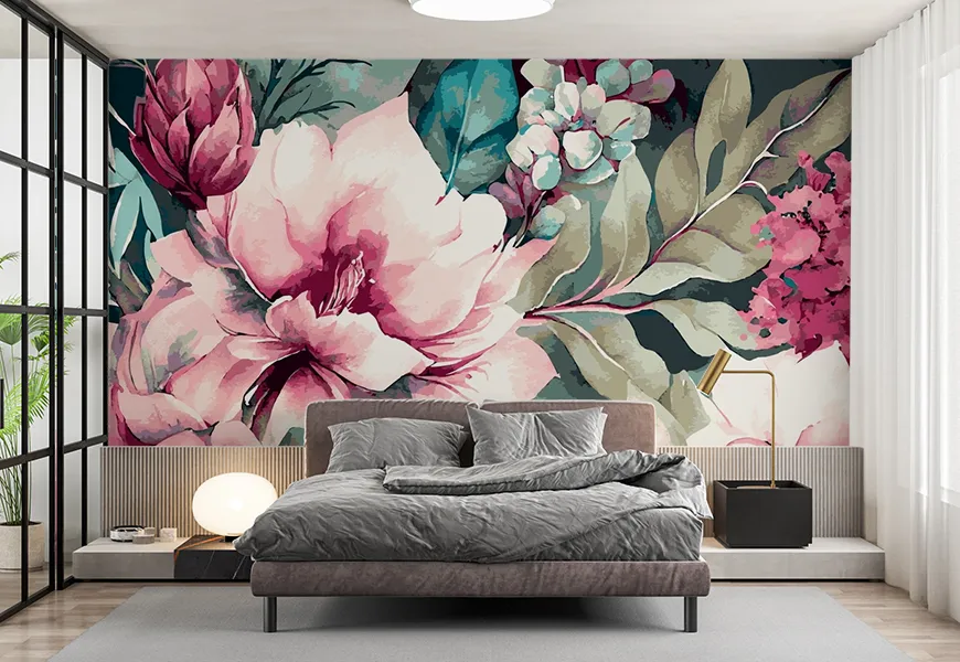 کاغذ دیواری سه بعدی اتاق خواب عروس و داماد طرح گل